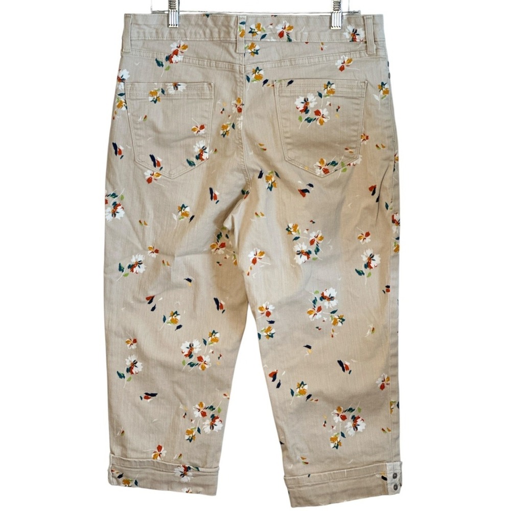 Bandolino Mandie Capri Pants Blue Rust Floral Print Stretch Cropped Tan SZ 14 - Picture 2 of 6